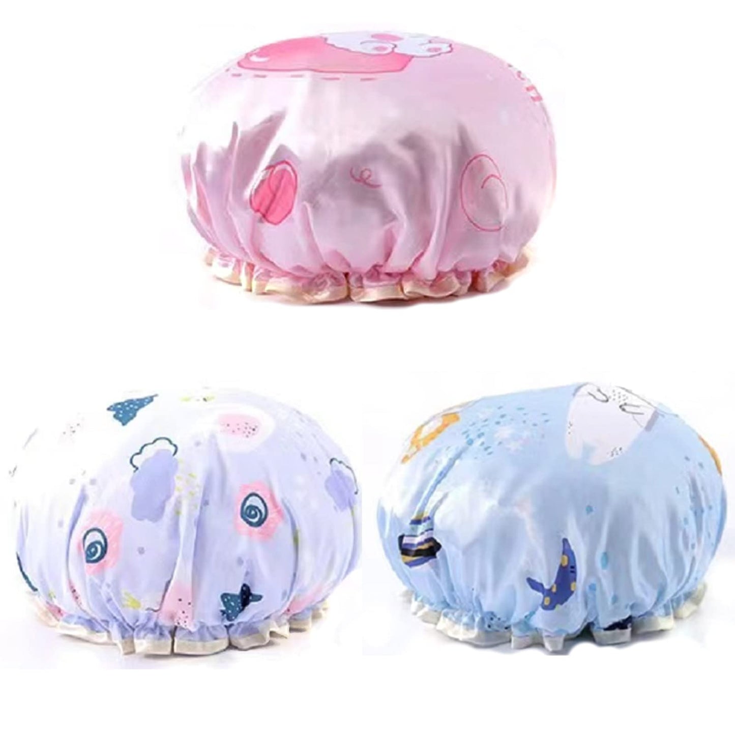 Bath Reusable Shower Caps Designed for Baby, Kids, Children,Long/Thick Hair, Cute, Waterproof, Cartoon Animal, Double Layer Bathing Hat for Boys, Girls, Women(Pink Mouse, Gray Mouse, Green Smile Frog)