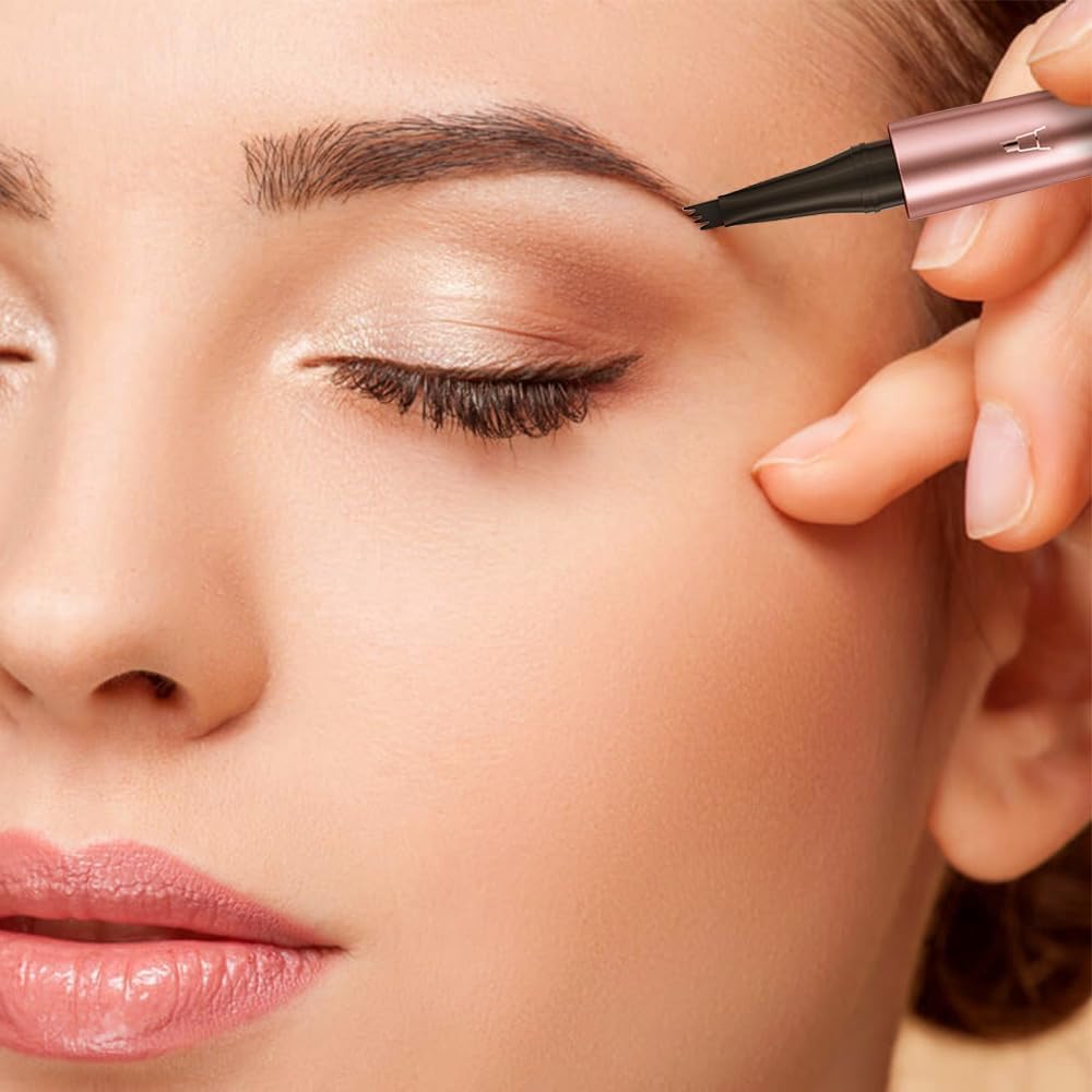 Waterproof Eyebrow Pen, 3D Microblading Eyebrow Pencil, Waterproof Eye Brow Pen with 4 Tip, Long-Lasting Smudge-Proof & Natural Eyebrow Definer for All-Day Wear (Dark Brown)