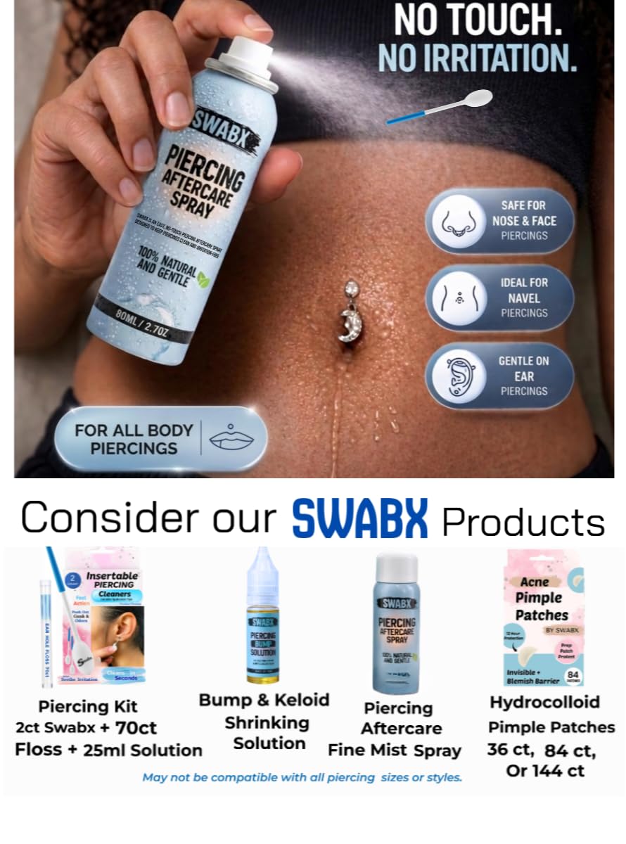 Insertable Piercing Cleaners Sturdy Tips Push Out Gunk, Odors; Cleans in Seconds Multiple Piercings. Soothe Irritation One Swipe Right Through Easy Use for Maintaining Piercings By SWABX - 2 Count