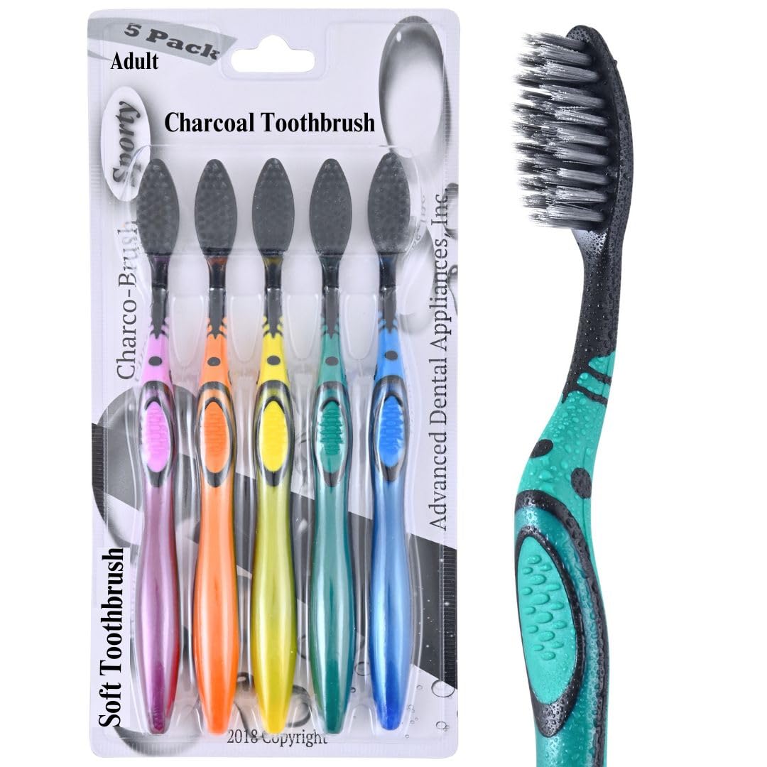 ROTATING BRUSH ADA Cavity Defense Activated Charcoal Toothbrush 5 Pack Ultra-Soft Flosspick Bristle for Sensitive Teeth & Gums, Aids in Teeth Whitening, Extra Soft, Easy Grip (5 Count)