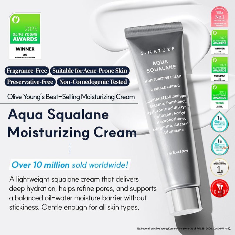 S.NATURE Pore Refining Moisturizer for Dry & Sensitive Skin – Squalane Hydrating Face Cream, Tightening & Smoothing Pores, Lightweight Korean Skincare, 2.02 fl oz