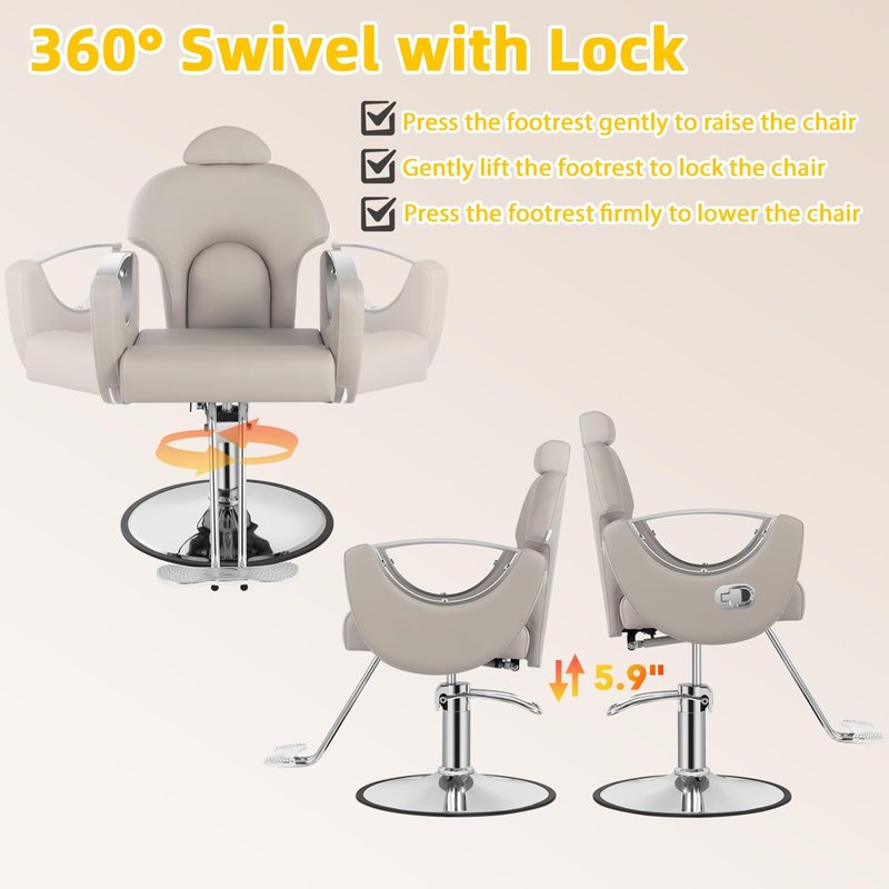 Reclining Salon Barber Chair - Heavy Duty Hydraulic Pump | 360° Swivel Styling Chair in Light Gray Silver