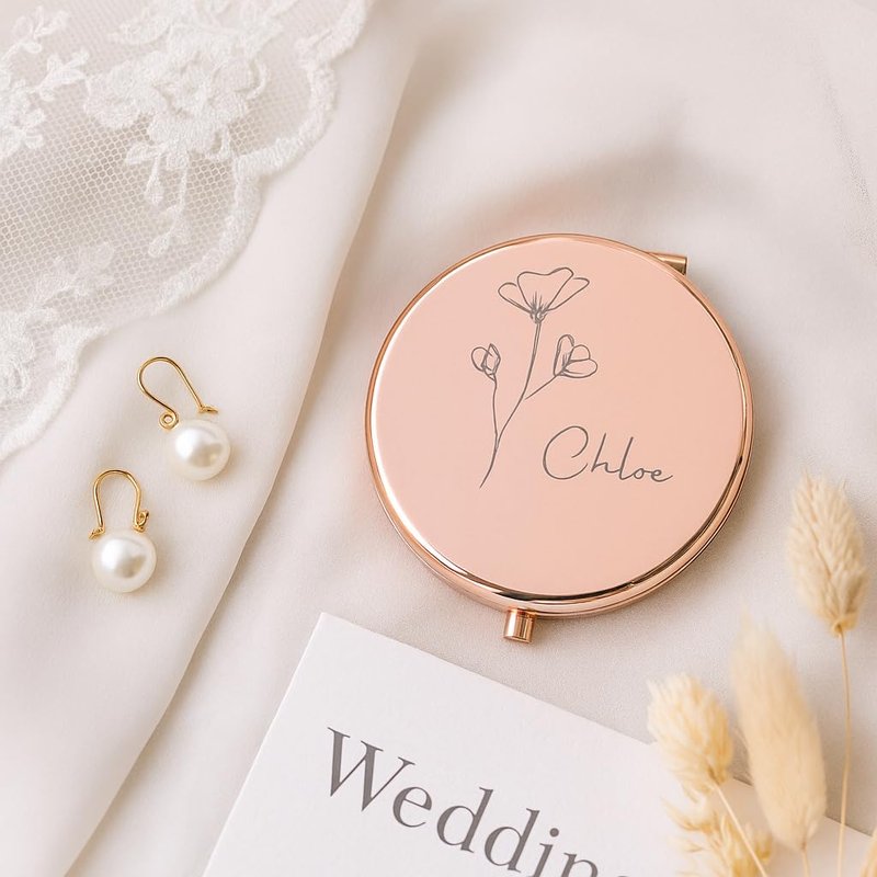 Personalized Compact Mirror for Women, Custom Laser Engraved Pocket Mirror, 1X/2X Magnifying Travel Makeup Mirror for Purse–Gift for Bridesmaid, Wedding, Birthday, Mom, Friend, Sister, Wife, Valentine