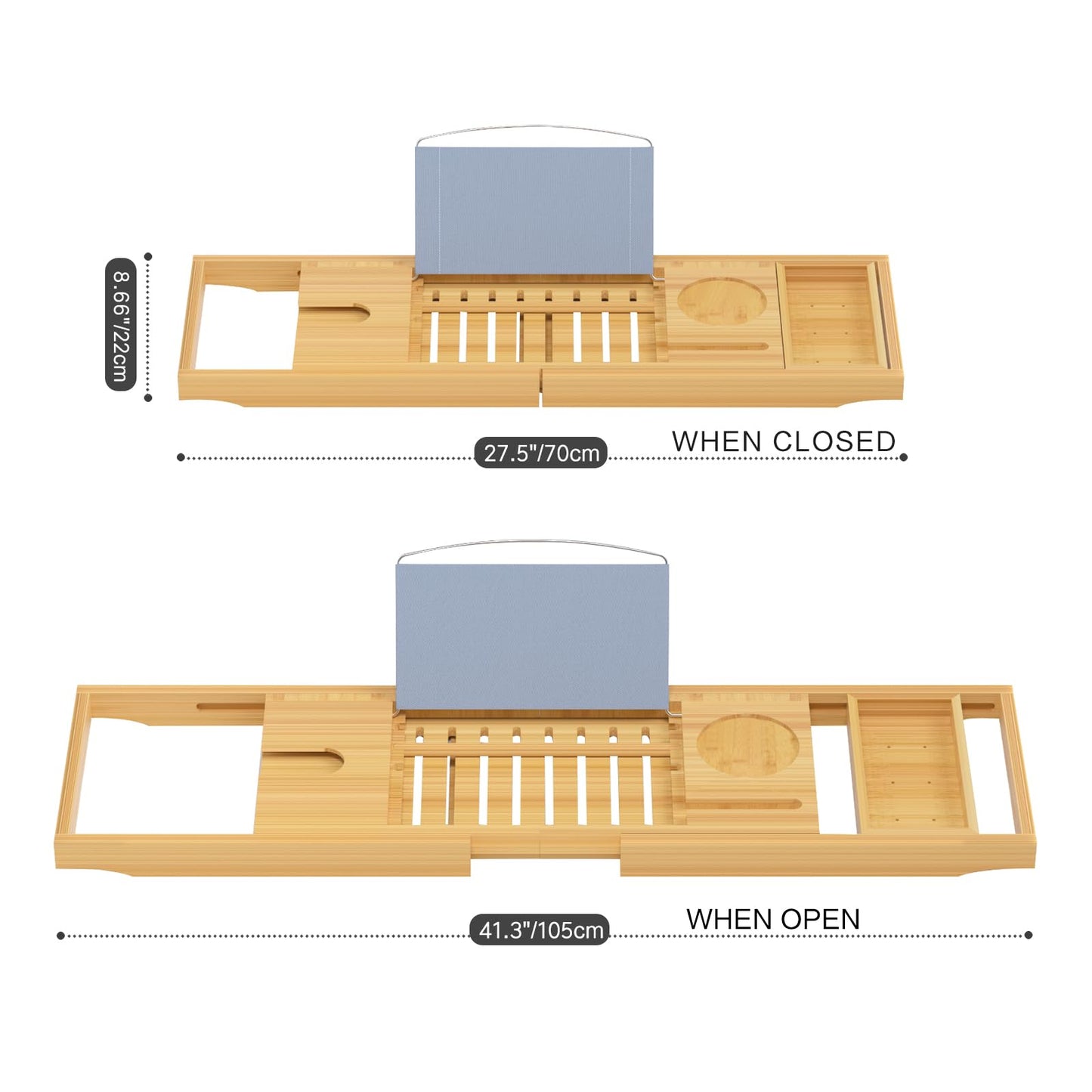 Sen Yi Bao Luxury Bamboo Bathtub Tray - Wooden Expandable Caddy with Book, Tablet, Wine Holder - Gift Idea