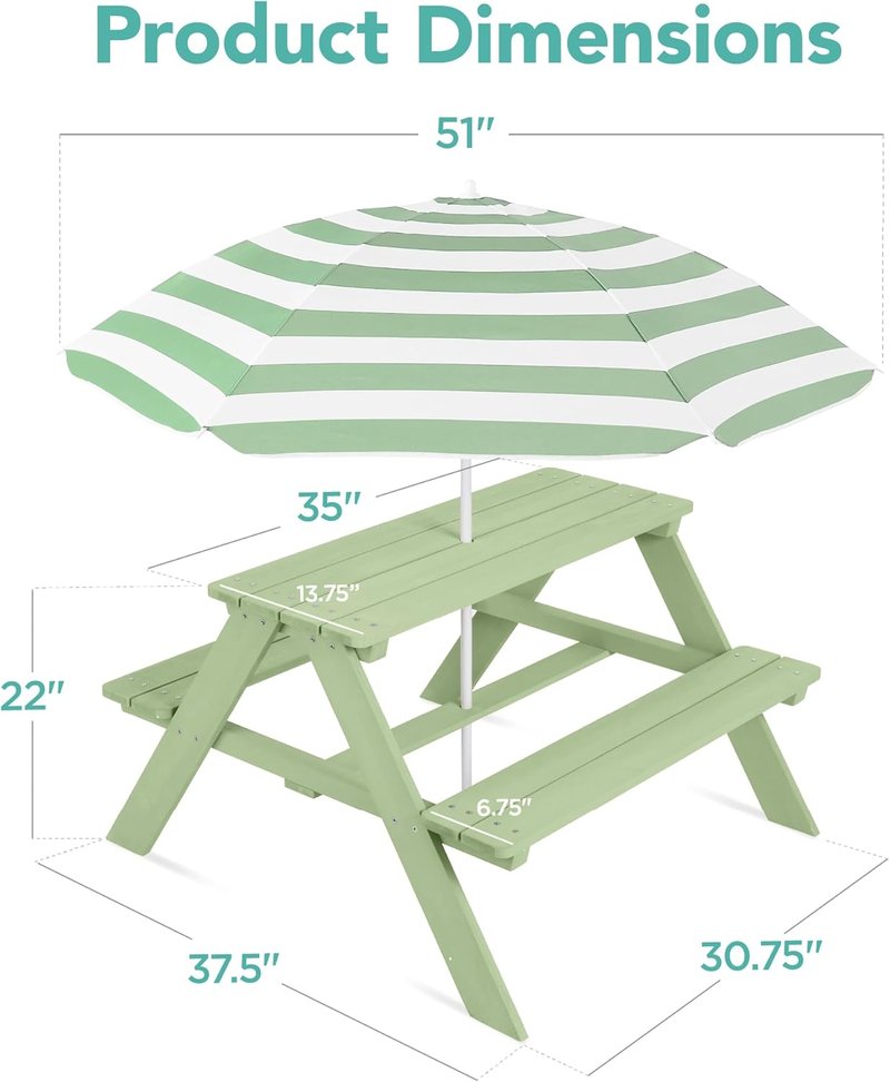 Best Choice Products Wooden Kids Picnic Table - Outdoor Activity Set with Umbrella & Built-In Benches, Sage Color