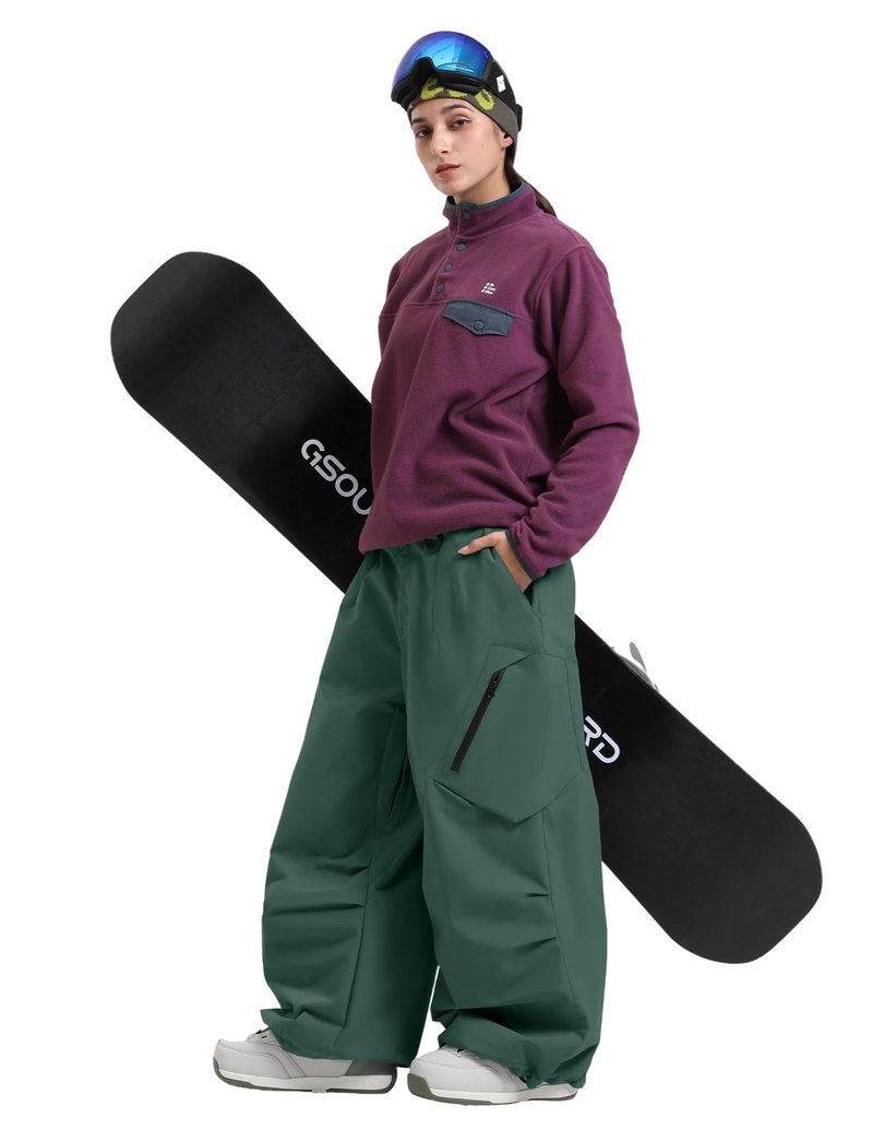 GSOU SNOW Womens Mens Snow Pants Baggy Snowboard Ski Pant Loose Waterproof Windproof Insulated Green
