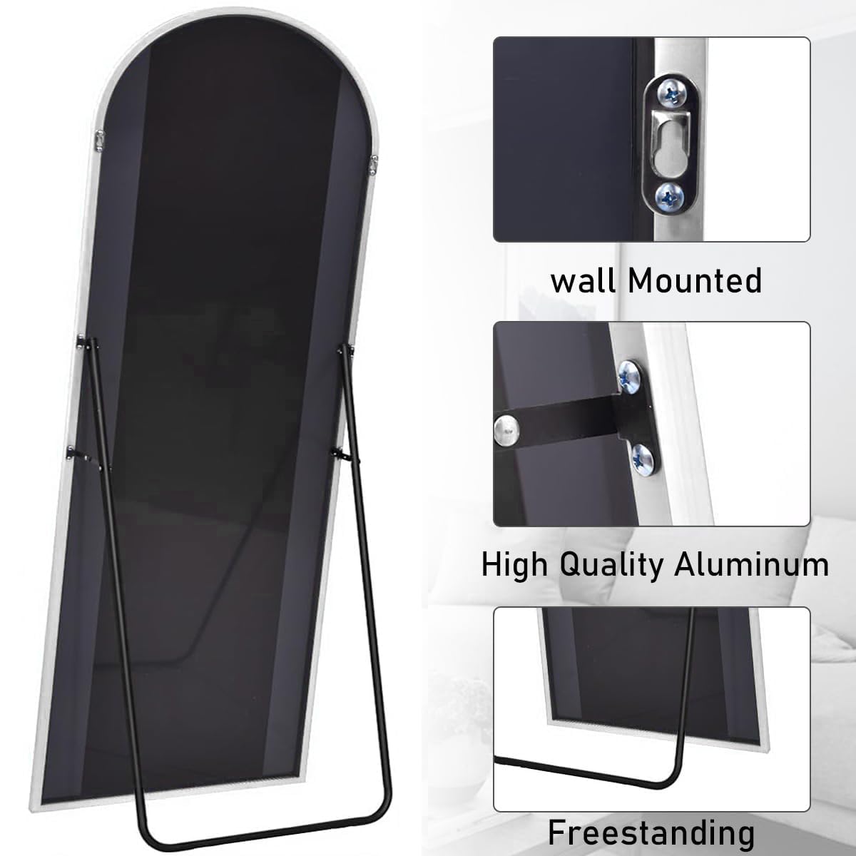 ZMYCZ Floor Length Mirror, 76"x34" Arch Full Length Mirror Hanging or Leaning, Body Mirrors with Stand, Arched-Top Wall Mounted Mirrors with Aluminum Frame for Bedroom (White)