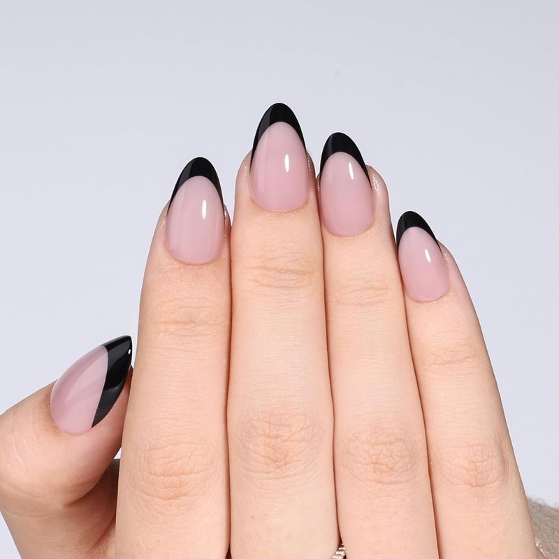 Black French Tip Press On Nails, Short Almond Fake Nails, Reusable Glue On Nails with Nail Glue, French Tip Design for Women 32 Pieces 16 Sizes