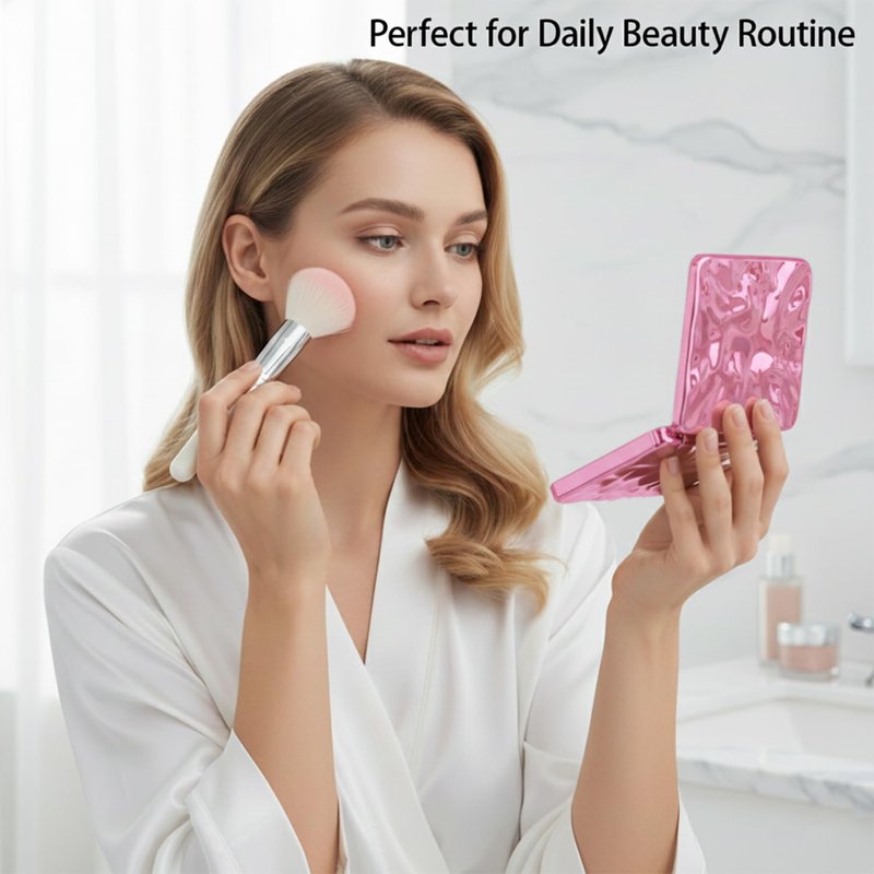 Irregular Shape Compact Mirror, Double-Sided Portable Folding Makeup Mirror with Electroplated Finish, Pocket-Sized Handheld Vanity Mirror for Travel and Quick Touch Ups, Pink