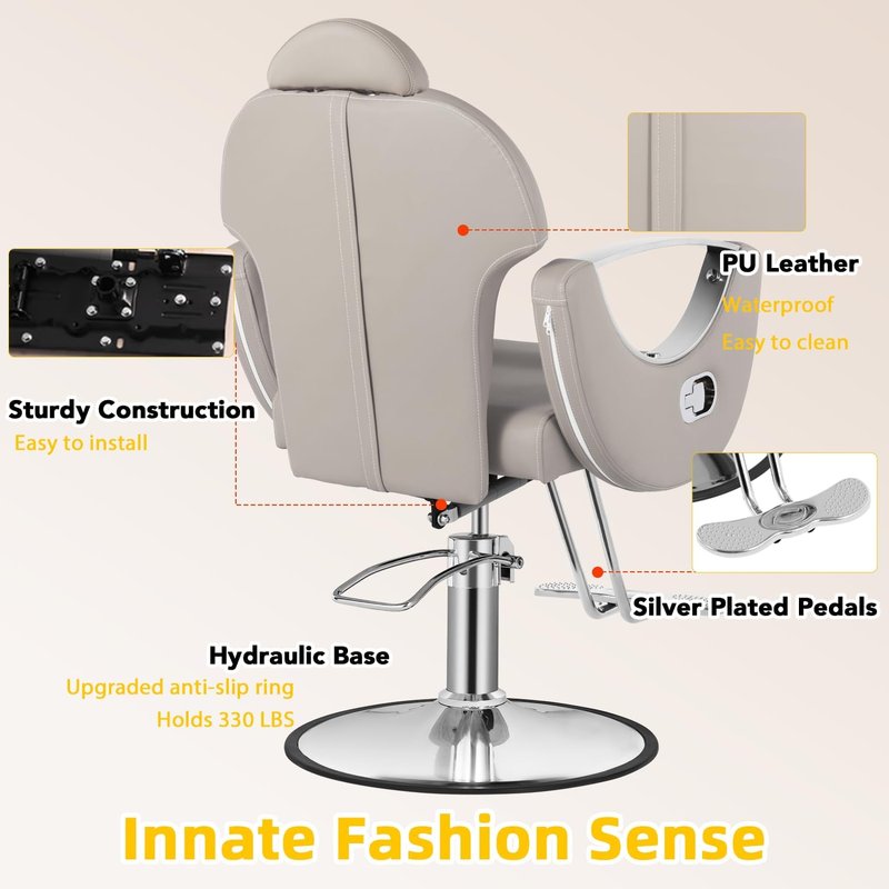 Reclining Salon Barber Chair - Heavy Duty Hydraulic Pump | 360° Swivel Styling Chair in Light Gray Silver