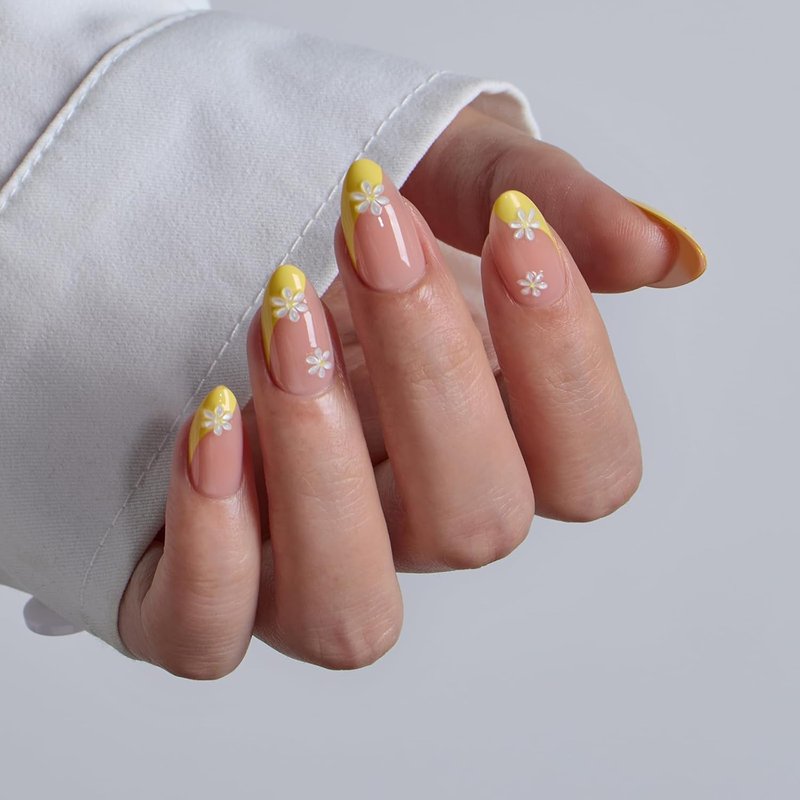 French Tip Press On Nails - Semi-Transparent Short Almond Gel Nails | 32-Piece Kit in 16 Sizes with Glue