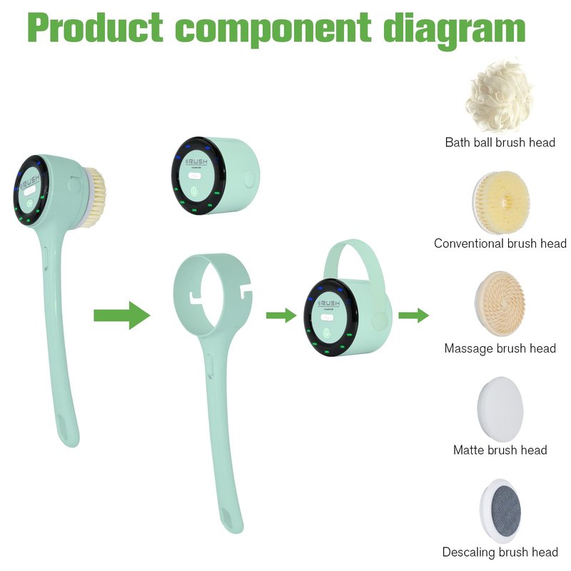Electric Body Brush Back Scrubber, Waterproof Long-Handle 5-Head Electric Body Scrubber, Rechargeable Bath Brush and 3 Types of Speed Body scrubbe，for Cleaning Massaging and exfoliating (Green)
