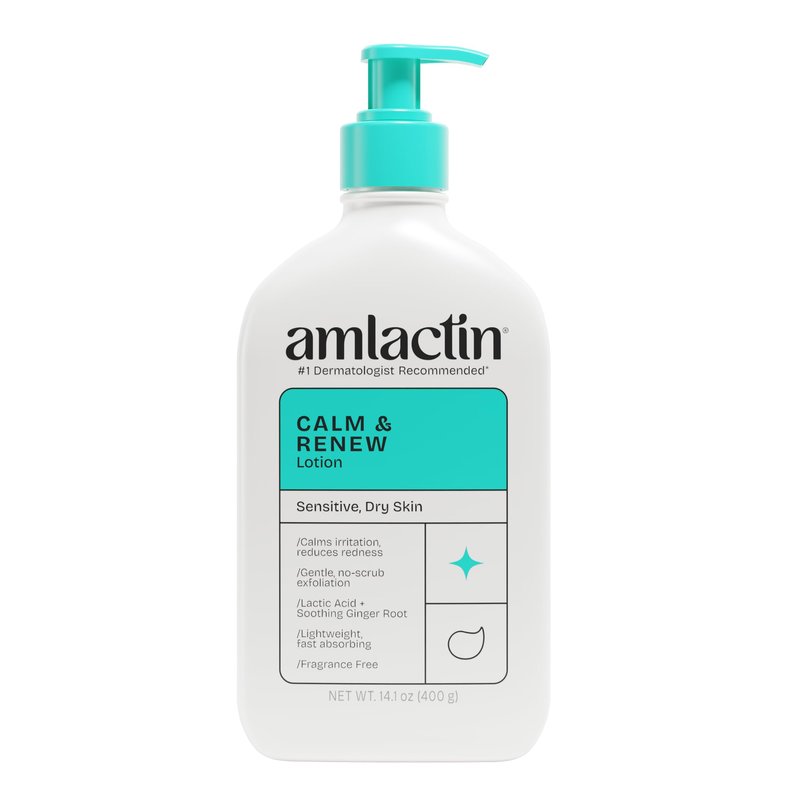 AmLactin Calm & Renew Lotion - Therapeutic Body and Face Moisturizer for Sensitive Skin - No-Scrub Exfoliator and Body Lotion for Dry Skin with Lactic Acid AHA and Soothing Ginger Root, 14.1 oz