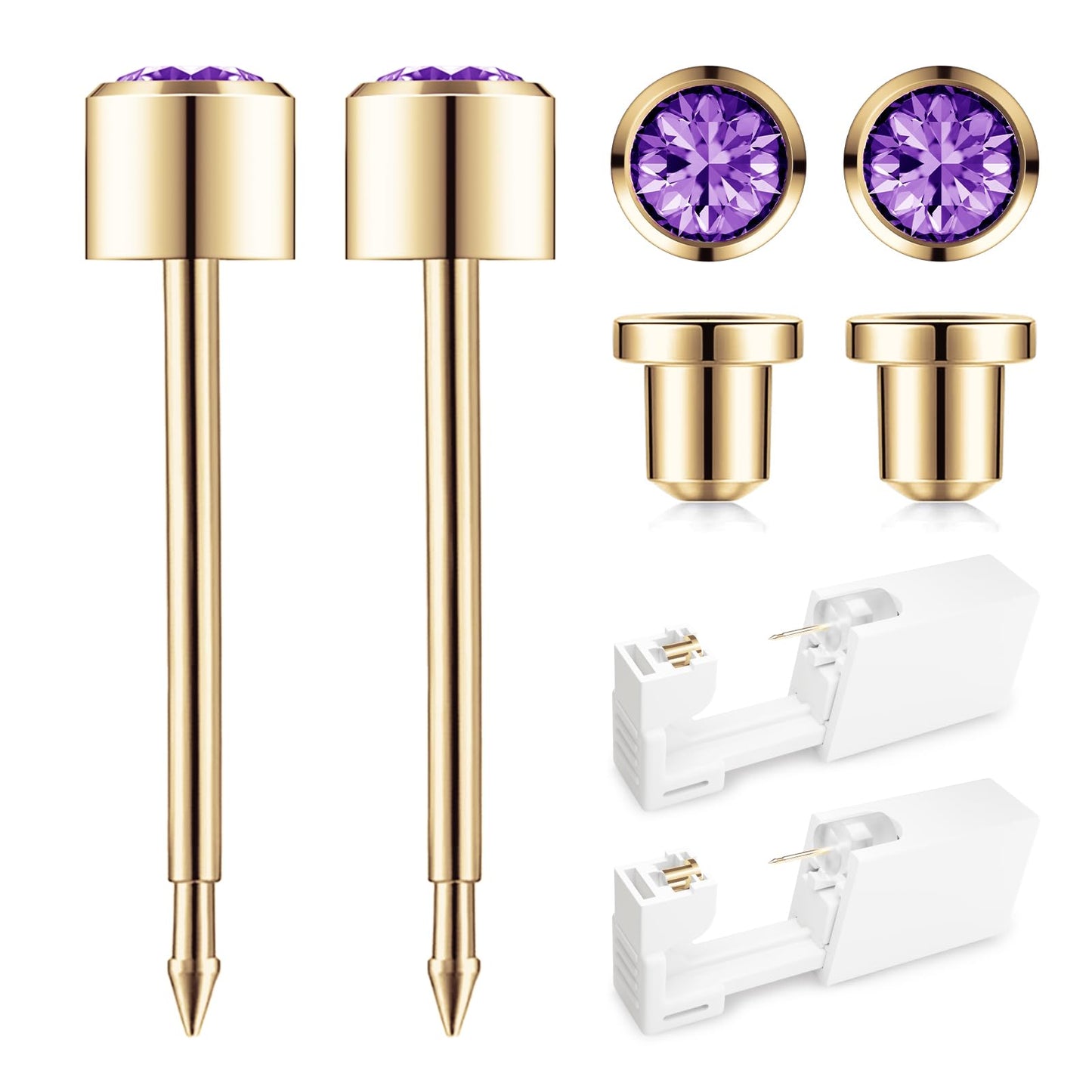 SugarTang Ear Piercing Kit Gold 4mm with Safety Back Disposable Ear Piercing Gun Kit 2 Pack Made in 316L Surgical Stainless Steel | At Home Self Ear Piercer Kit with Preloaded Ear Stud (Amethyst)