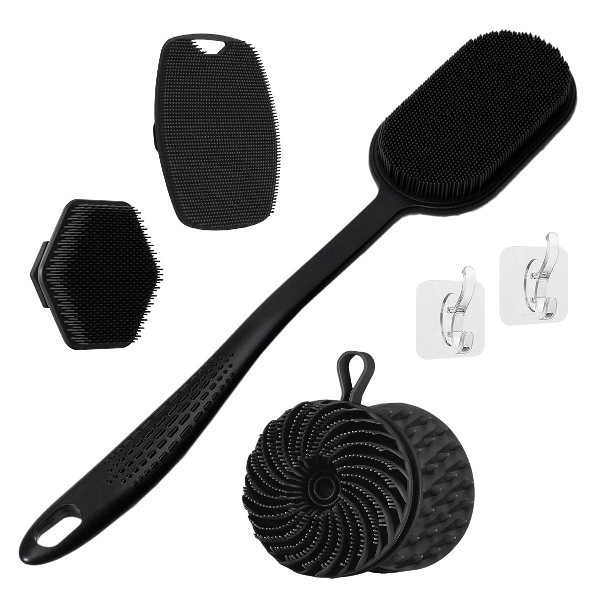 Merleu Silicone Back Scrubber 16.5" & Silicone Body Scrubber(Dual-Side) & Hair Scalp Massager & Face Brush Set (4PCS), Deep Cleaning & Shampoo at Home with 2 Free Hooks (Long Handle Back Brush Set)
