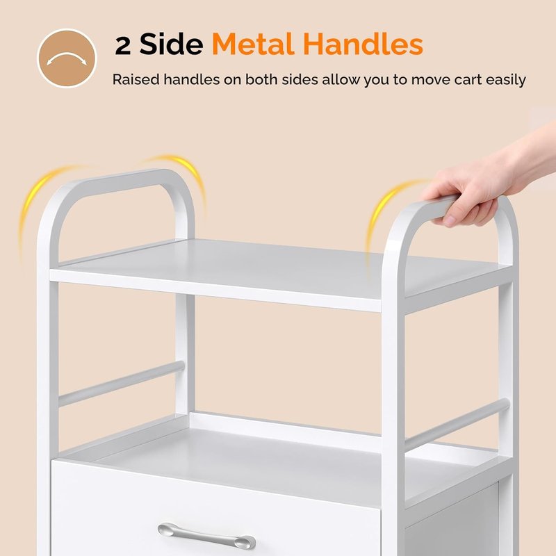 OmySalon Salon Trolley Cart - Esthetician Mobile Storage Station with Drawer & Tray | White