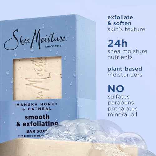 SheaMoisture Bar Soap Manuka Honey Oatmeal 4 Count Smoothing & Exfoliating Smooth and Exfoliating bar soap with 24h shea moisture nutrients for Healthy, Glowing Skin 8 oz