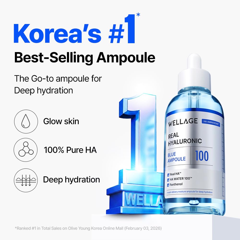 WELLAGE Real Hyaluronic Blue Ampoule 100, Korean Serum, Fragrance Free Hyaluronic Acid Ampoule with Panthenol, Wild yam, Centella for Sensitive Dry Skin Moisturizer 2.54 fl.oz
