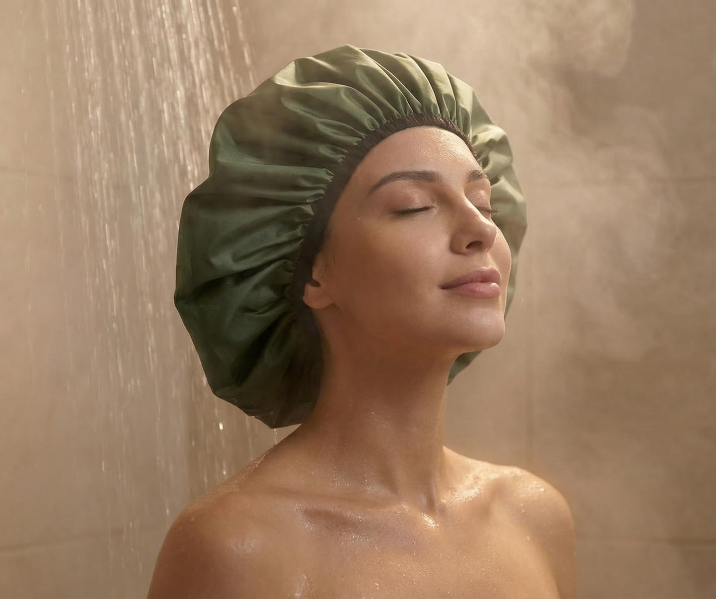 Extra Large Shower Cap for Women, Reusable Waterproof Shower Bonnet with Satin Lining, Double Layer Washable Bath Hair Cap for Braids, Locs, Long Thick Curly Hair, Natural Hair(Big Green)