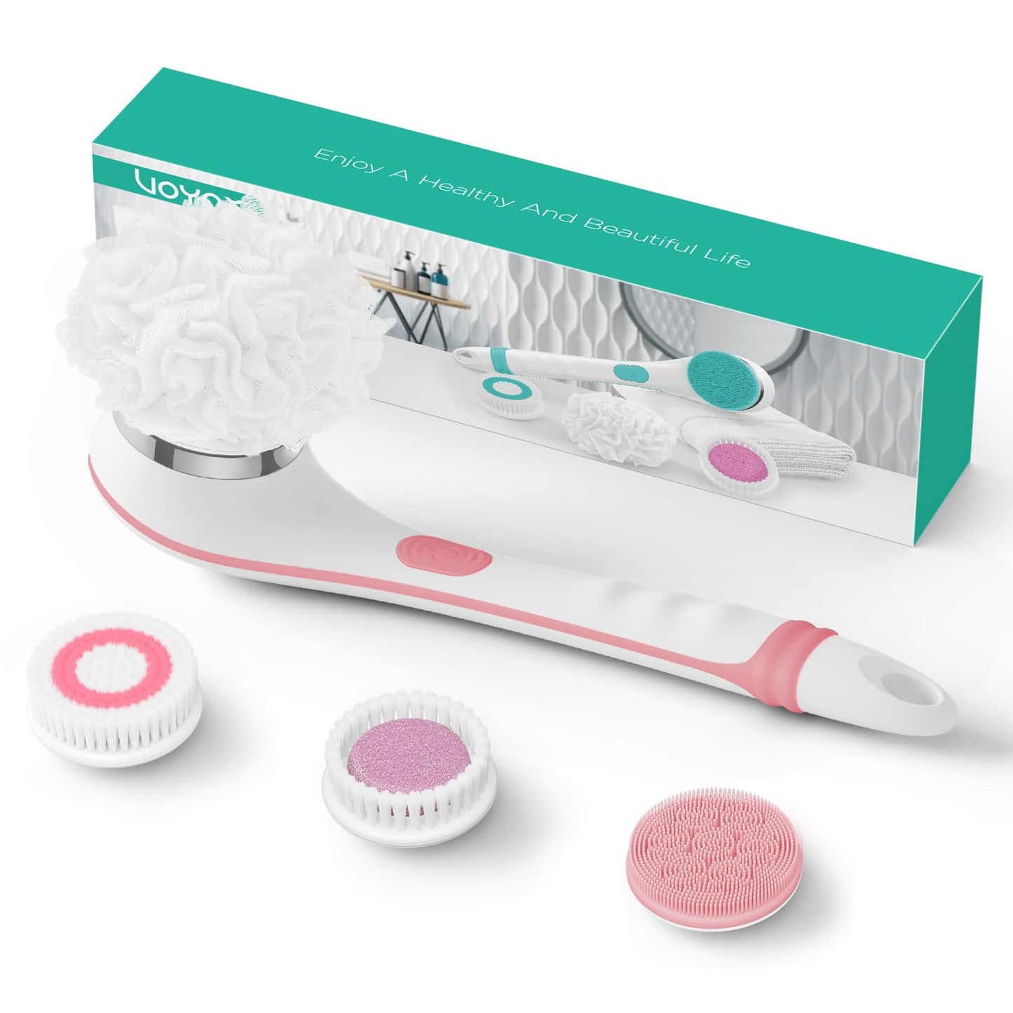 VOYOR Electric Body Brush Back Scrubber for Shower Rechargeable Exfoliating Bath Brush Powered Shower Brush with Non-Slip Long Handle Deep Cleansing, Exfoliation, Massaging Spin Brush BC100 (Pink)