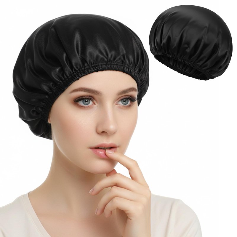 Sibba Shower Cap Elastic Shower Bonnet Caps Bath Hair Wrap Hat Treatment Caps for Women Reusable Waterproof Bathing Cap PEVA Lined for Braids Long Thick Hair Home Spa Travel Accessories (Black)