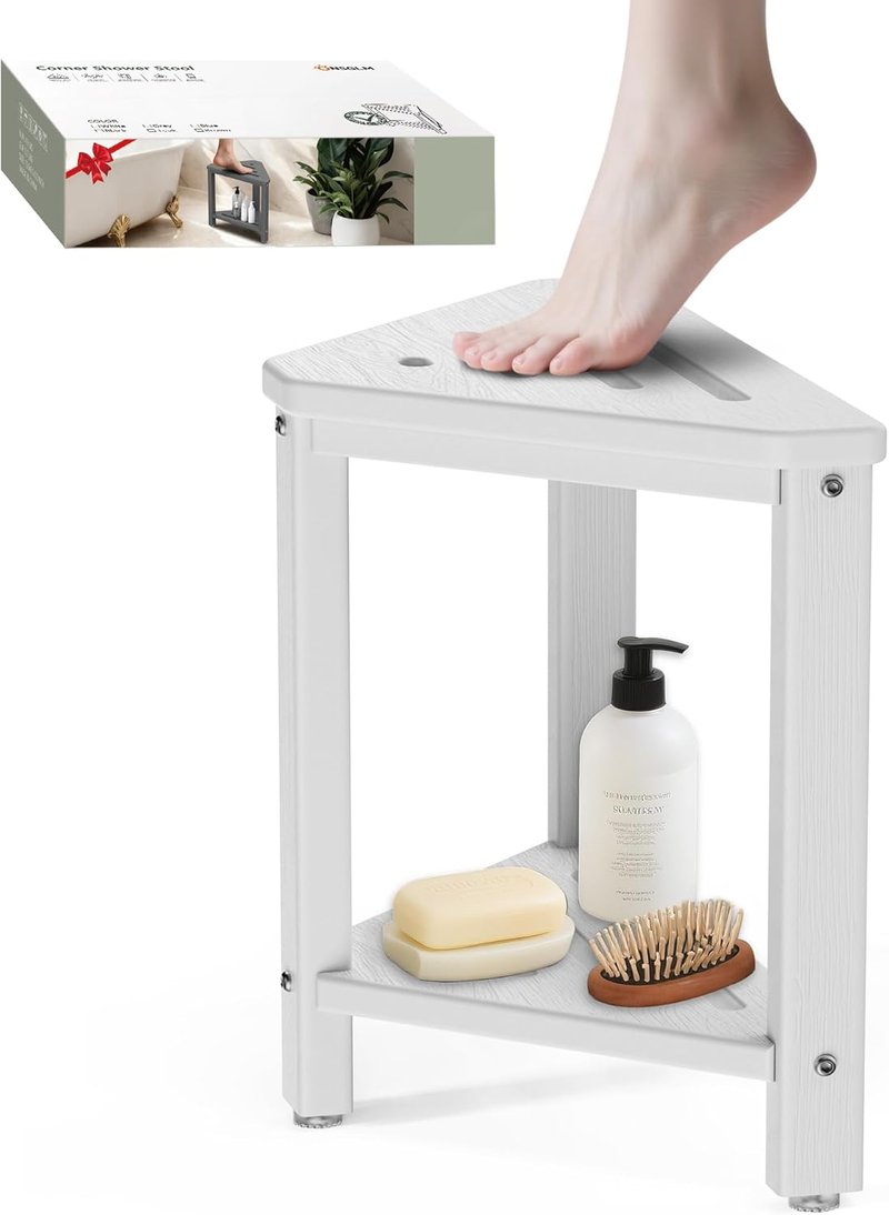 Shower Foot Rest - 15-Inch Waterproof Shower Stool for Shaving Legs | Compact White Corner Bench with Storage Shelf