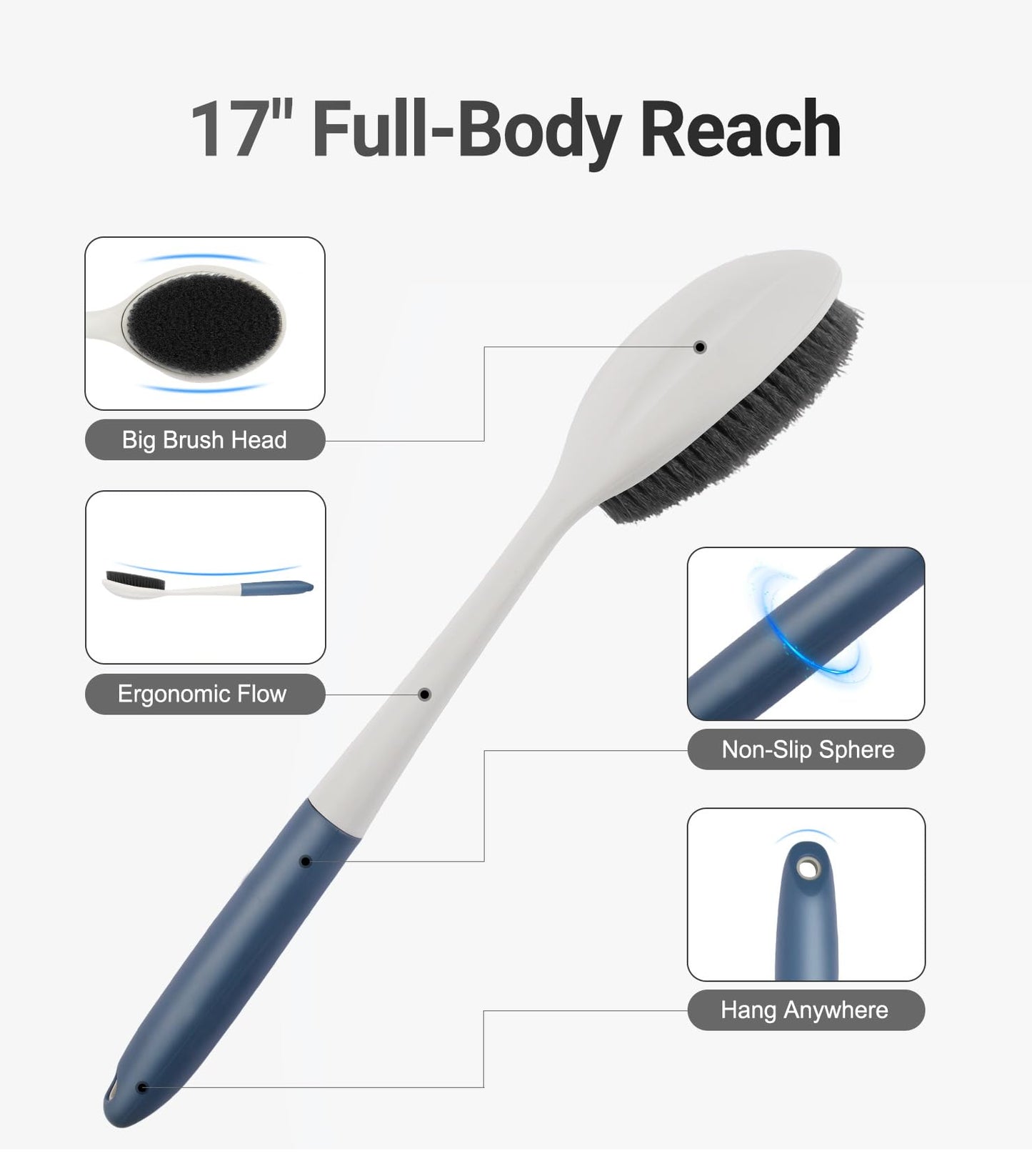surlees Back Brush for Shower for Men & Women 17" | Body Brush for Wet & Dry Brushing | Exfoliating Body Scrubber & Back Scrubber | Shower Brush with Long Handle (Gray, Scrub Force 5-7)