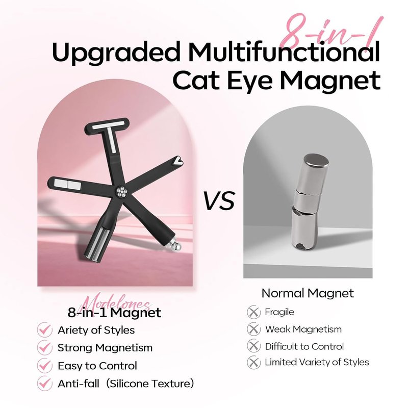 modelones 8-in-1 Cat Eye Gel Polish Magnet Tool, Magnetic Nail Art Wand for Gel Nails with Steel Ball, Glass Bead, French Tip, Clover, Heart & Swirl Effects for DIY Home Salon Manicure