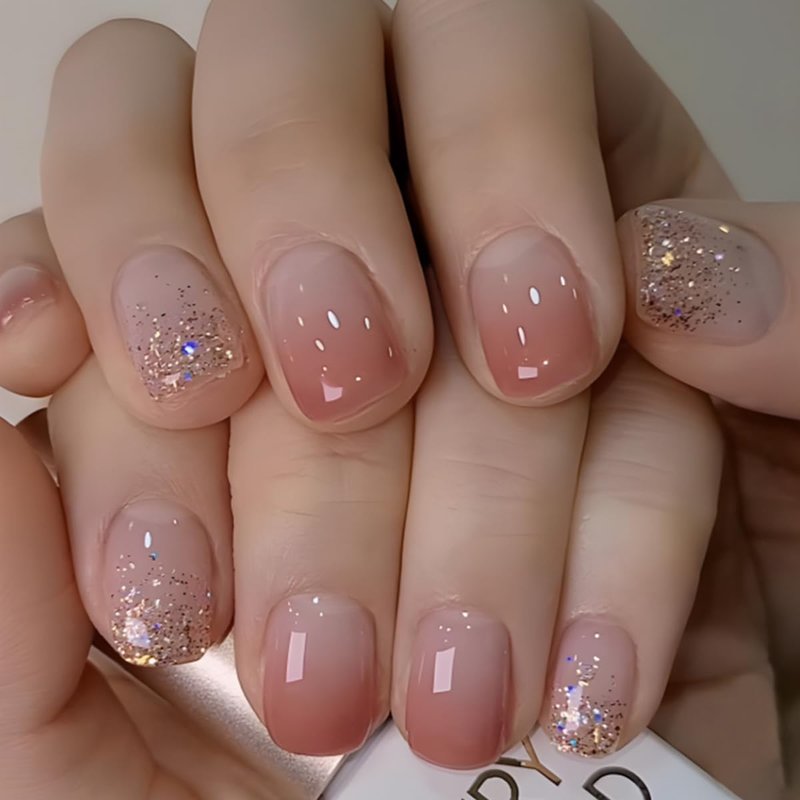 24 Pcs Ombre Press on Nails Short Square - MINGCHUN Spring Fake Nails Press ons Nail Art Tip Sequins Glitter French Design Full Cover Acrylic Nail Kit False Nails Glue on Nails Stick on Nails Women