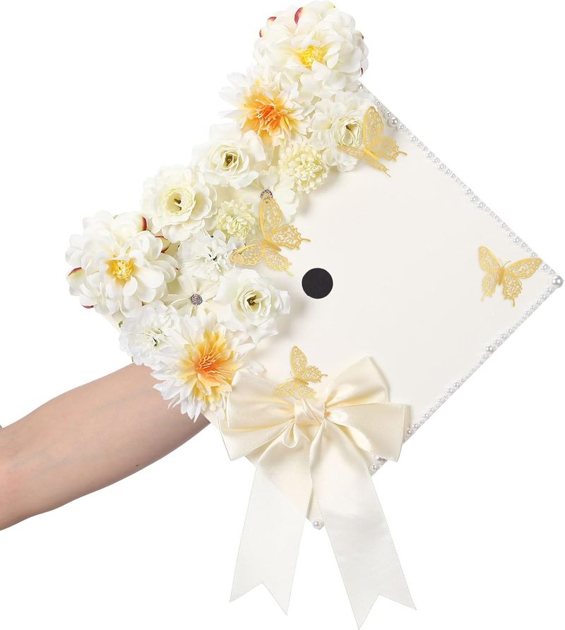 MotiMind 41 Pcs Beige DIY Graduation Cap Decoration Kit, Grad Cap Decorations Grad Hat Topper Faux Assorted Flowers Bows 3D Cream Construction Paper Butterfly Stickers Pearl Adhesive Dots