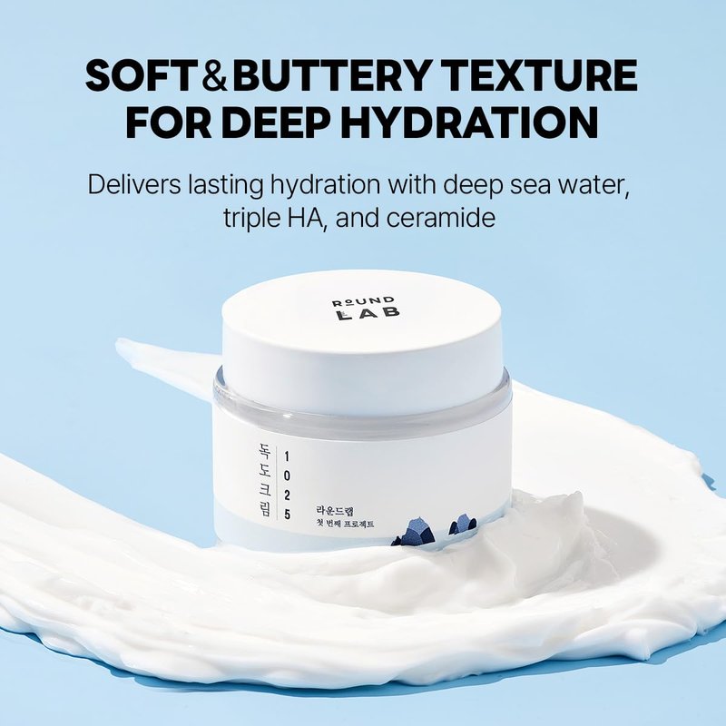 ROUND LAB 1025 Dokdo Cream 2.71 Fl Oz, 48-Hour Deep Hydrating Face Moisturizer for Acne-Prone, Redness and Sensitive Skin with Ceramide, Skin Barrier Repair Face Cream, No Fragrance, Korean Skin Care