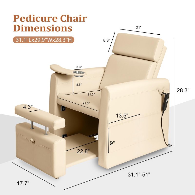 OmySalon Electric Pedicure Chair w/Adjustable Backrest, Movable Cup Holder & Hidden Storage Platform, Full-Floor Support Pedi Station for Professional Nail Tech Supplies Spa Salon (Bleached Sand)