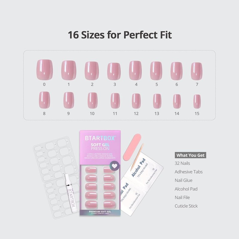 BTArtbox Press On Nails - Pink Chrome Short Square Nail Tips | Reusable 32-Piece Soft Gel Kit in 16 Sizes
