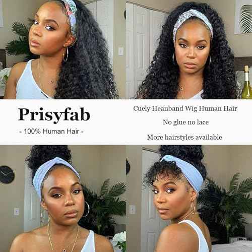 Curly Headband Wig Human Hair 20Inch Human Hair Headband Wig Glueless Wear and Go Human Hair Scarf None Lace Front Wigs 150% Density Natural Color