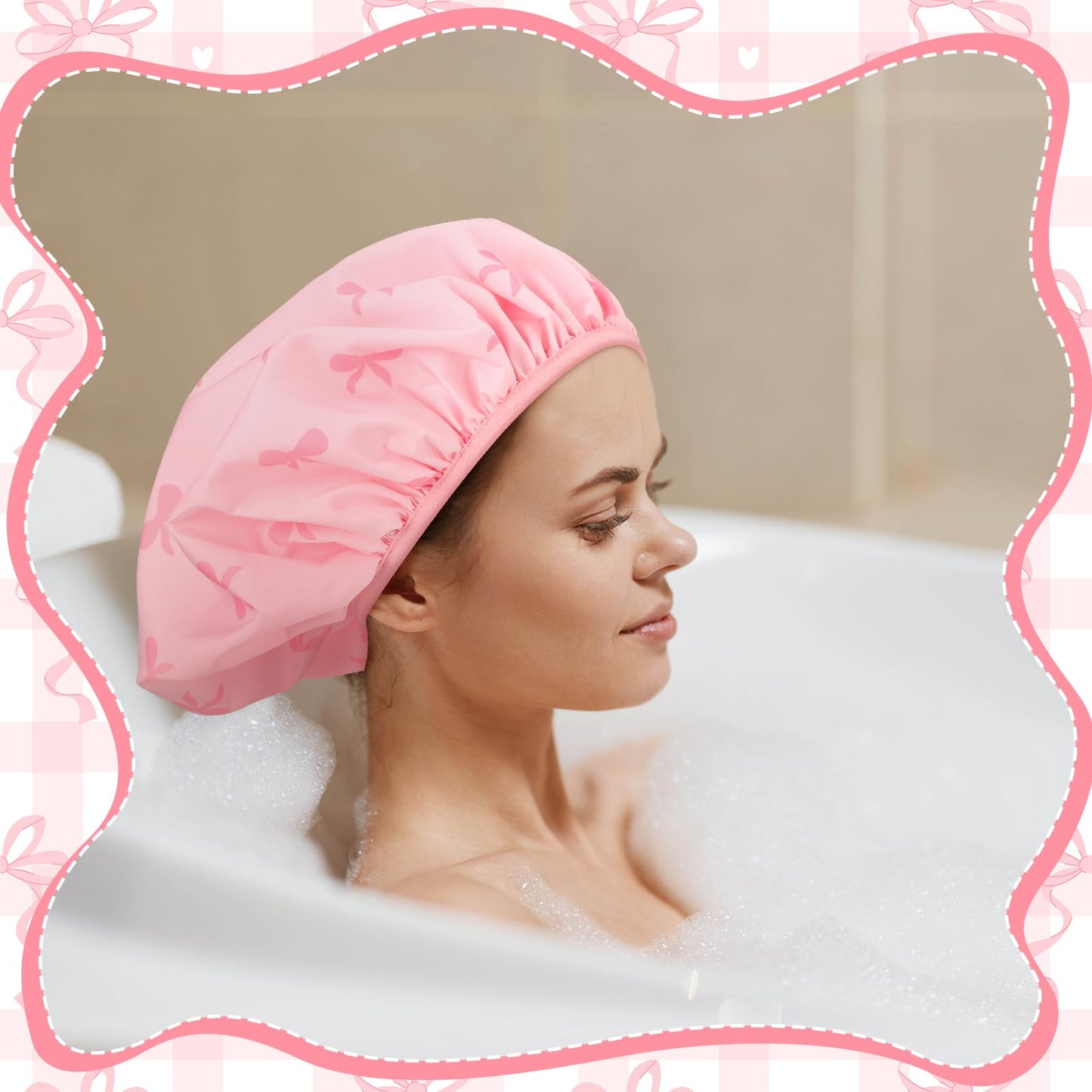 Janmercy Pink Bow Shower Cap for Women Extra Large Terry Lined Shower Cap Reusable Waterproof Double Layer Large Bath Hair Bonnet Washable Quick Dry for Braids Long Straight Curly Hair Women Gifts