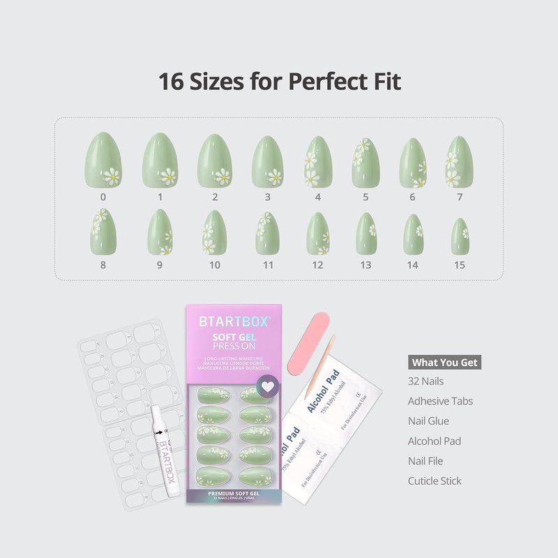 BTArtbox Press On Nails - Meadow Daisy 3D Flower Design | Easy Application in 16 Sizes - 32 Nail Kit