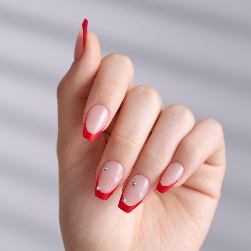 Kiss Impress No Glue Mani Press On Nails, Design, 'Happy World', Red, Medium Size, Coffin Shape, Includes 30 Nails, Prep Pad, Instructions Sheet, 1 Manicure Stick, 1 Mini File