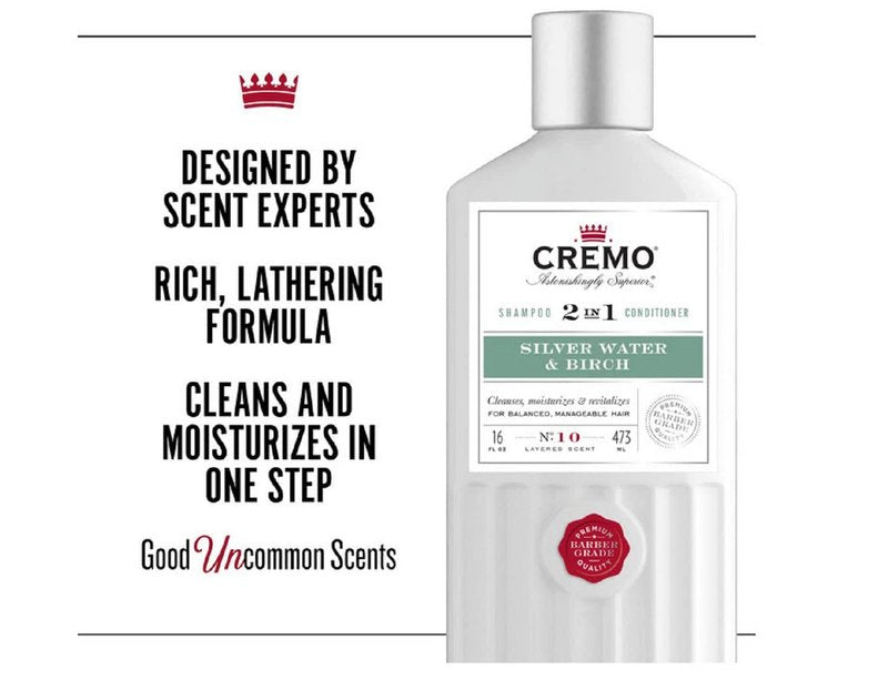 Cremo Barber Grade Silver Water & Birch 2-in-1 Shampoo & Conditioner, 16 Fl Oz (2-Pack)