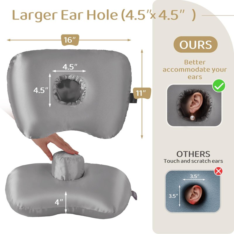 Piercing Pillow - Ear Piercing Pillow With Foam Plug, Adjust Shredded Memory Foam Picrcing Pillow For Side Sleepers, Donut Piliow For Ear With 4.5x4.5''Hole, Ergonomic Curved Design, Satin grey