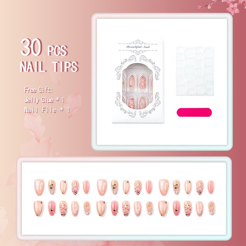Skiennix Handmade Press-On Nails - Medium Almond 3D Leopard Print French Tip | 30PCS Nude Pink Set