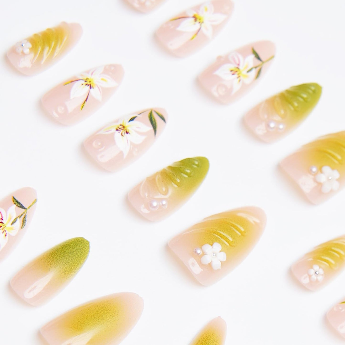 Spring Flower Press-On Nails - 30 Pcs Hand-Painted 3D Floral Design | Medium Almond Shape, Green Gradient