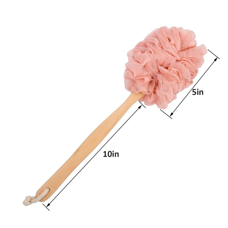Arswin Loofah Back Scrubber for Shower, Wooden Long Handle Bath Sponge Lufa Shower Brush, Soft Nylon Mesh Back Cleaner Washer, Women & Men Exfoliating Luffa Pouf on a Stick for Body (Pink)