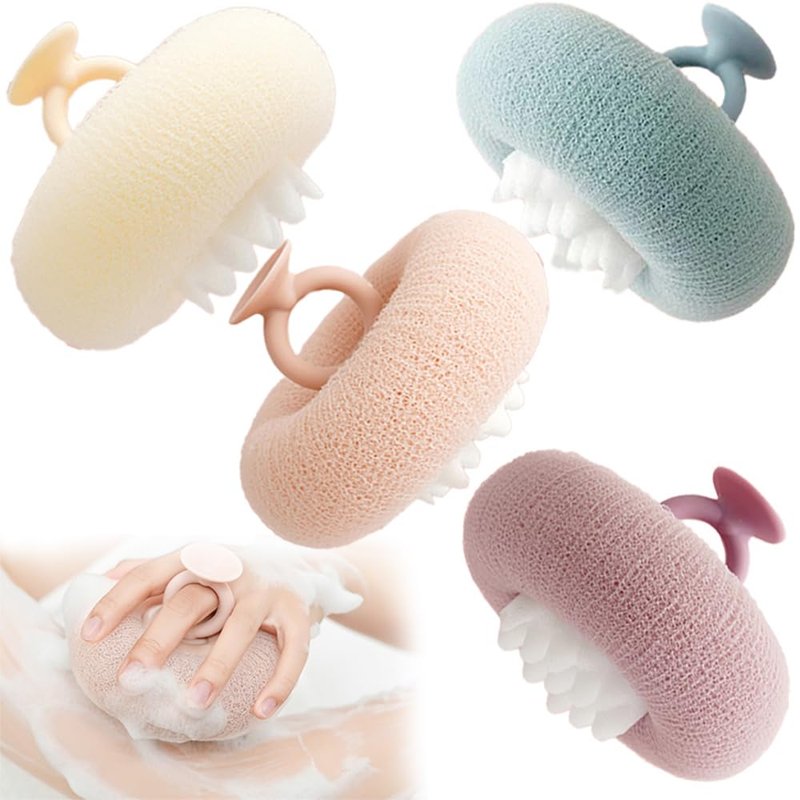 4Pcs Body Scrubber Exfoliator Sunflower Bath Ball, Ultra Soft Sponge Cleaning Brush for Men and Women, Bath Sponge with Handheld Ring (Purple+Green+Pink+Apricot)