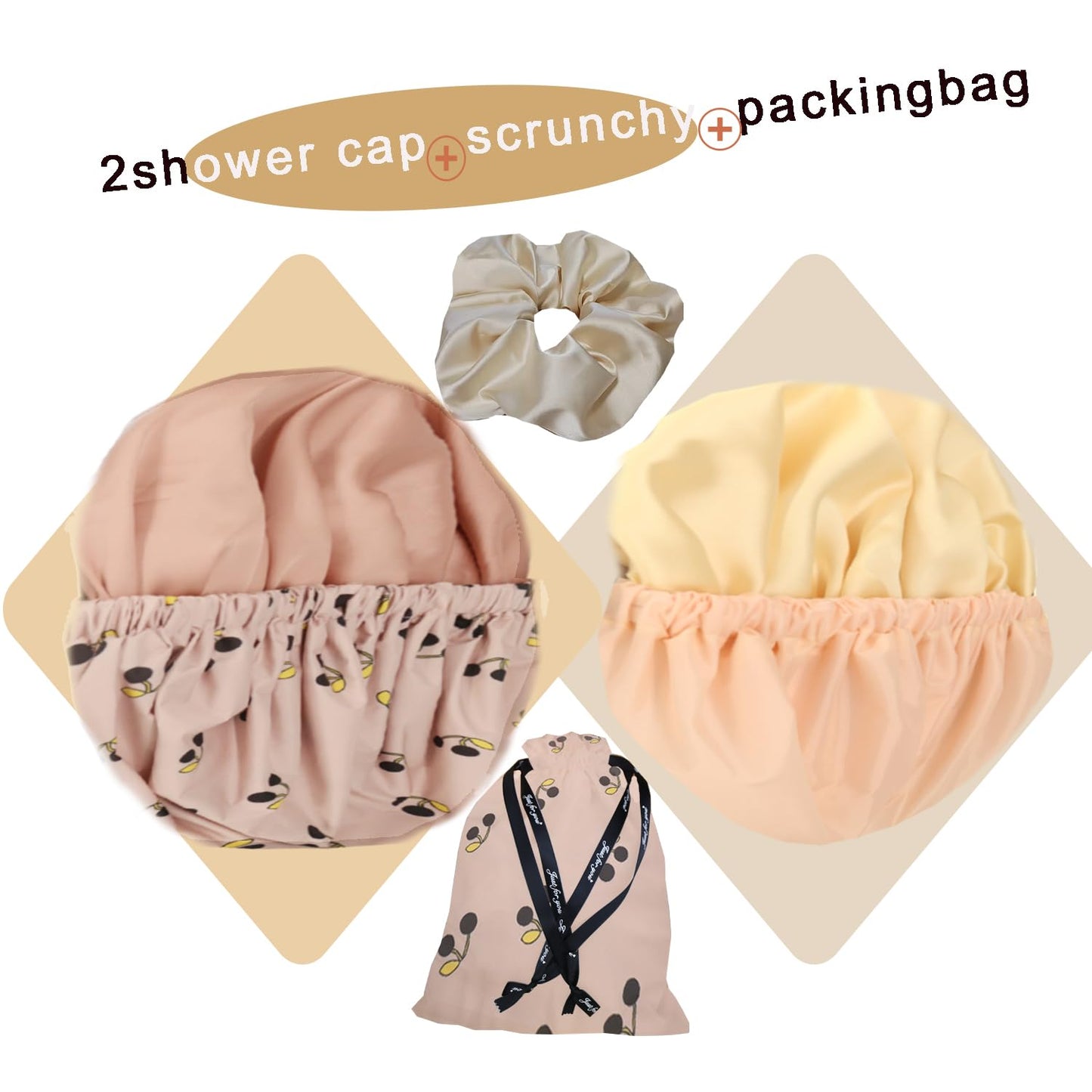 2Pcs Genergy Shower Cap for Women Waterproof, Adjustable Shower Cap Reusable, Luxury Shower Caps Comfortble, Extra Large &Double Layers &Reversible Satin Lined Bonnet(Apricot+Pink flower)