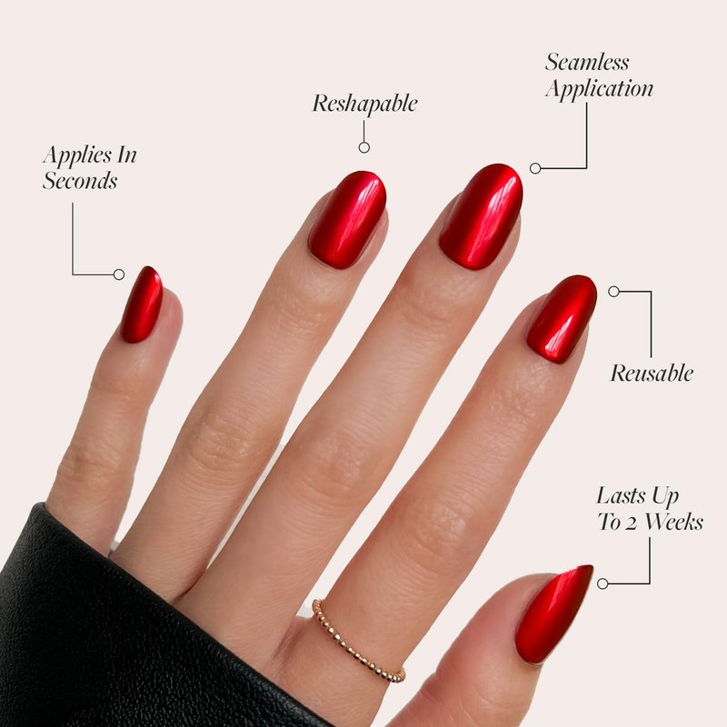 Glamnetic Press On Nails - Cherry Glaze | Short Round Bright Cherry Red Fake Nails with a Glaze Finish | 15 Sizes - 30 Nail Kit with Glue