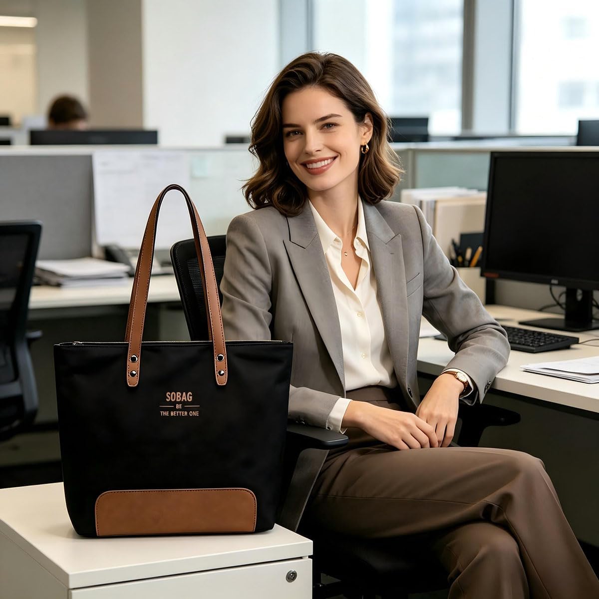 Tote Bag for Women - Canvas Handbag with Zipper & Multiple Pockets | Ideal for Office & Casual Use
