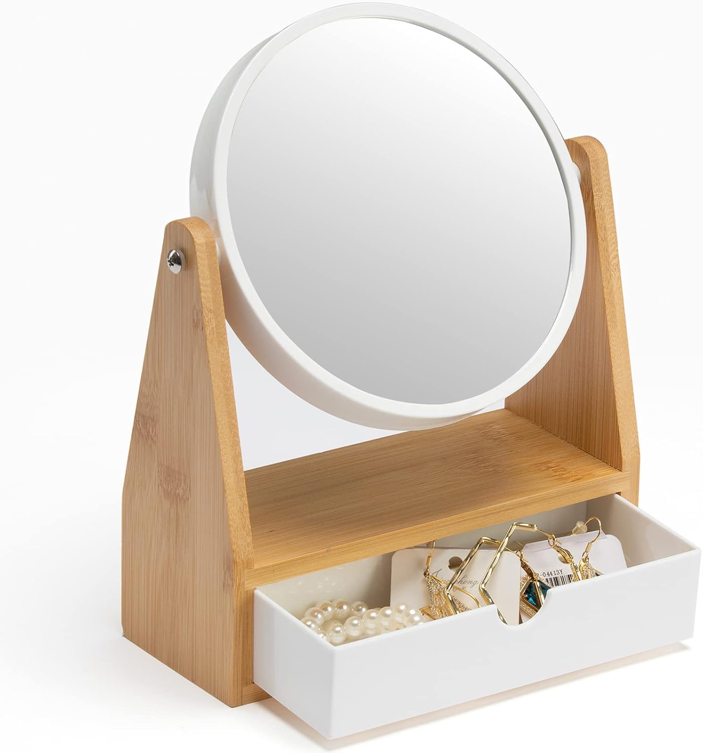 YEAKE Double-Sided Magnifying Vanity Makeup Mirror - 1X/3X with Bamboo Stand & Drawer | Portable Round Design