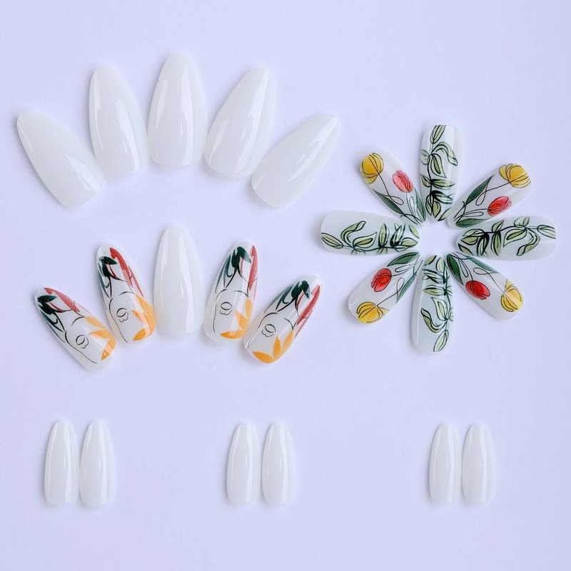 24 Pcs French Tip Press on Nails Short Almond Spring Butterfly Fake Nails Press ons Nail