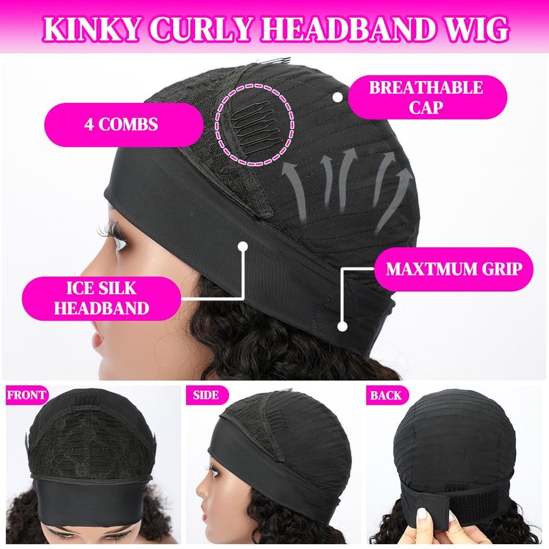 200 Density Deep Wave Headband Wig Human Hair 26 Inch Curly Half Wig Human Hair None Lace Front Wigs for Black Women Natural Color, 100% Human Hair, No Shedding