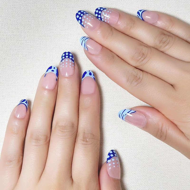 Press On Nails Set - 24 Pcs Almond & Square Fake Nails with Glue, Adhesive Tabs & File | Medium Size for Women, Girls & Kids